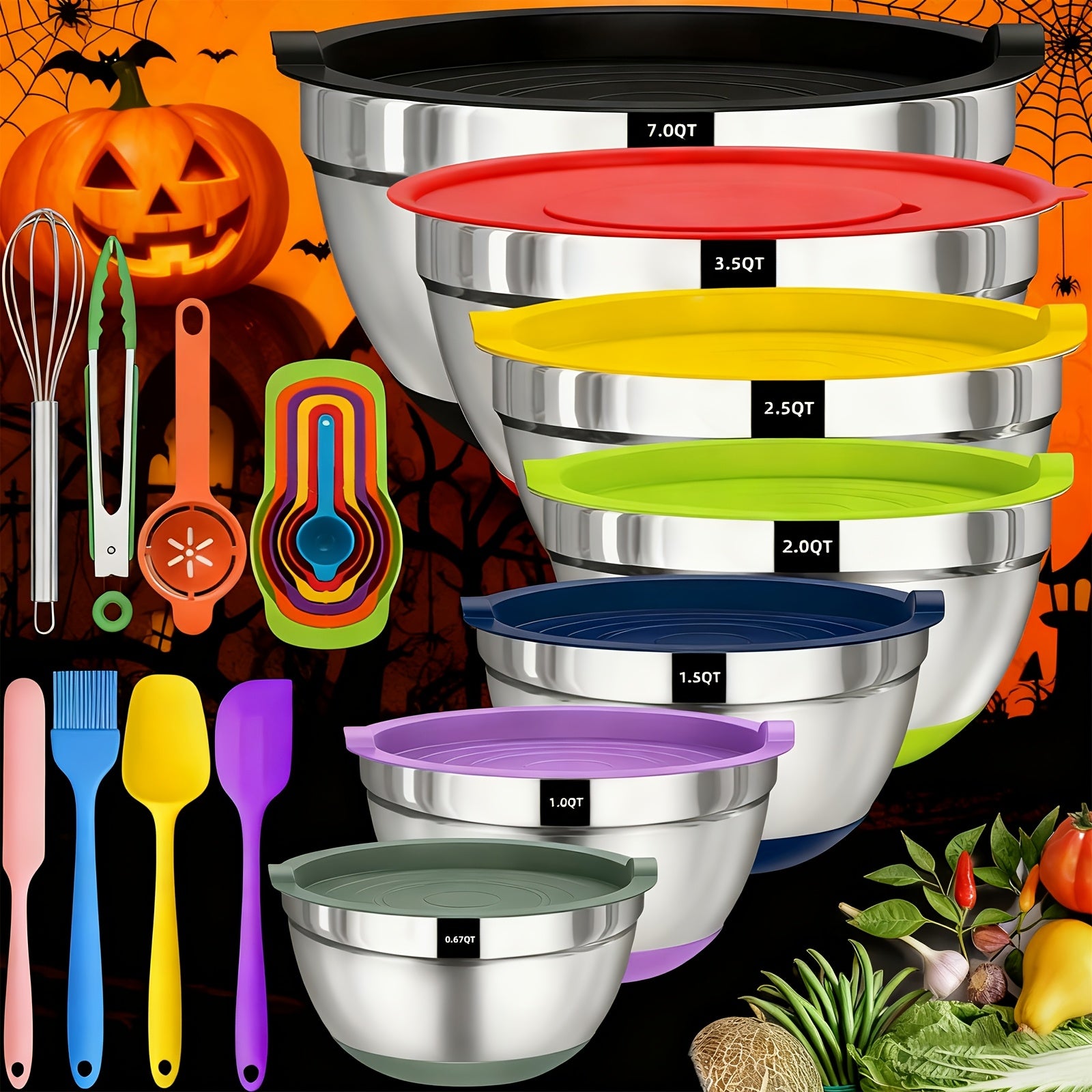 8/20pcs Heavy-Duty Stainless Steel Mixing Bowls Set with Airtight Lids - 201 Rust-Resistant Nesting Bowls (7, 3.5, 2.5, 2, 1.5, 1, 0.67QT) Non-Slip Silicone Base, Color-Coded Lids & Polish for Baking,, Serving - Large Bowl