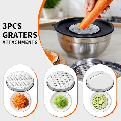 2/26 Stainless Steel Mixing Bowl Set with Sealed Lids, Includes 6 Bowls (3.6/2.7/2.1/1.7/1.1/0.7 Quart Capacity) + 2 Colanders + 3 Types of Kitchen Sharpening Tools. Suitable for Baking, Salad Making, Mixing, Kitchen Storage, Outdoor Camping.