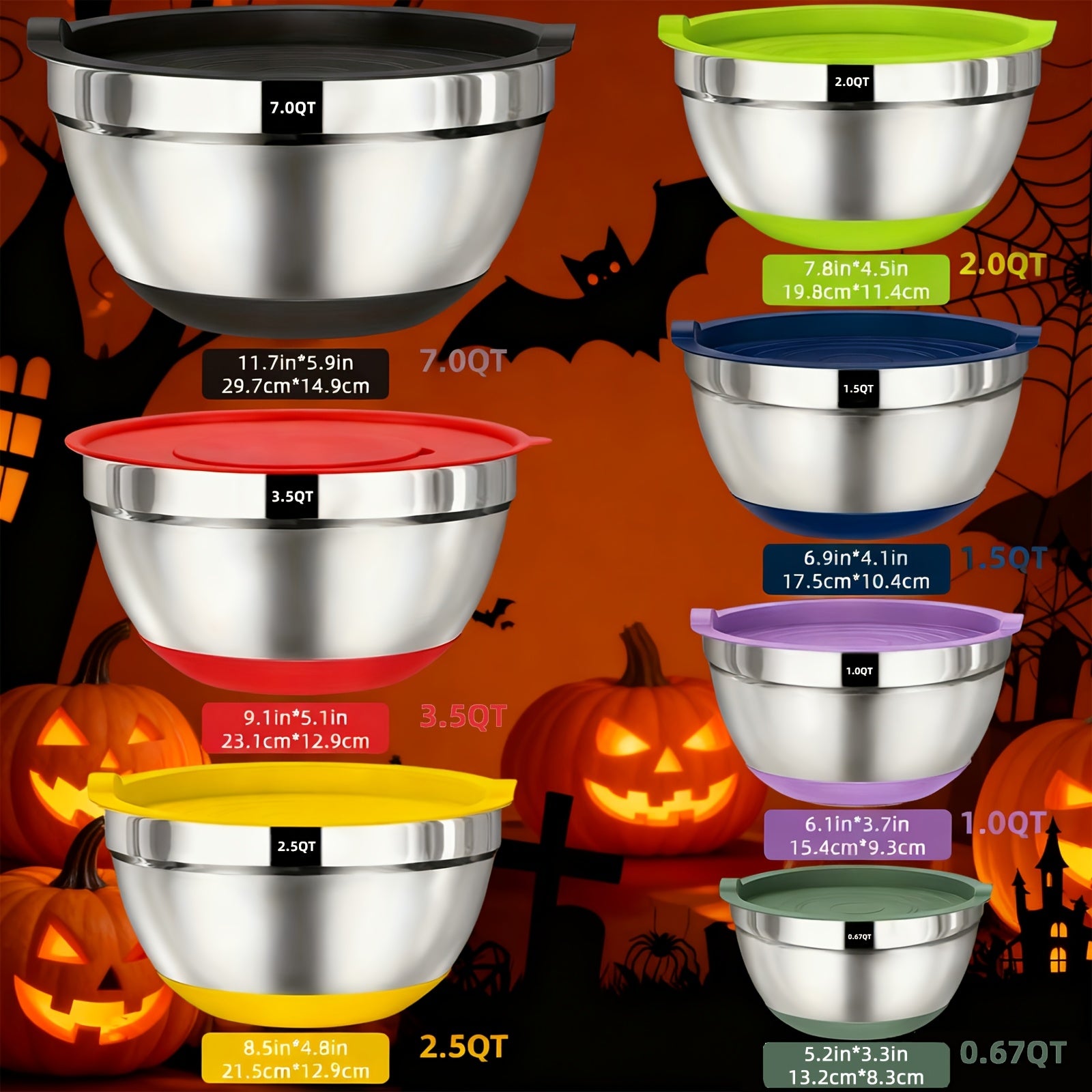 8/20pcs Heavy-Duty Stainless Steel Mixing Bowls Set with Airtight Lids - 201 Rust-Resistant Nesting Bowls (7, 3.5, 2.5, 2, 1.5, 1, 0.67QT) Non-Slip Silicone Base, Color-Coded Lids & Polish for Baking,, Serving - Large Bowl