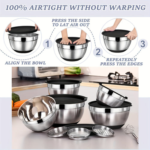 Chef Mixing Bowl Set with Sealed Lid, 8 Stainless Steel Nested Storage Bowls with Grille Attachments, Kitchen Bowls with Anti Slip Bottom, Sizes 5, 4, 3.5, 2, 1.5QT, for Mixing And Serving (black), Father's Gifts, Gifts for Men
