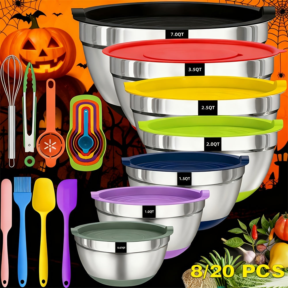 8/20pcs Heavy-Duty Stainless Steel Mixing Bowls Set with Airtight Lids - 201 Rust-Resistant Nesting Bowls (7, 3.5, 2.5, 2, 1.5, 1, 0.67QT) Non-Slip Silicone Base, Color-Coded Lids & Polish for Baking,, Serving - Large Bowl